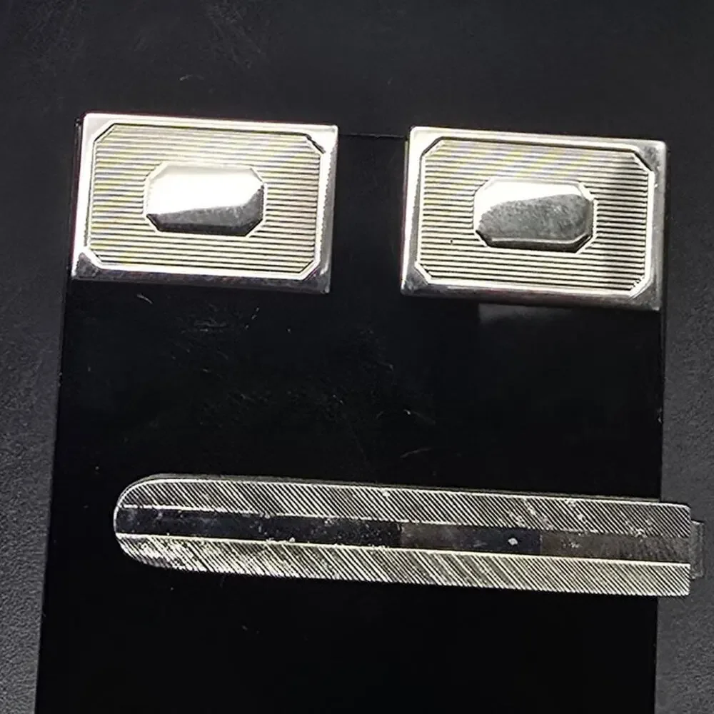 Vintage Silver Tone Textured Cufflinks Tie Clip Set